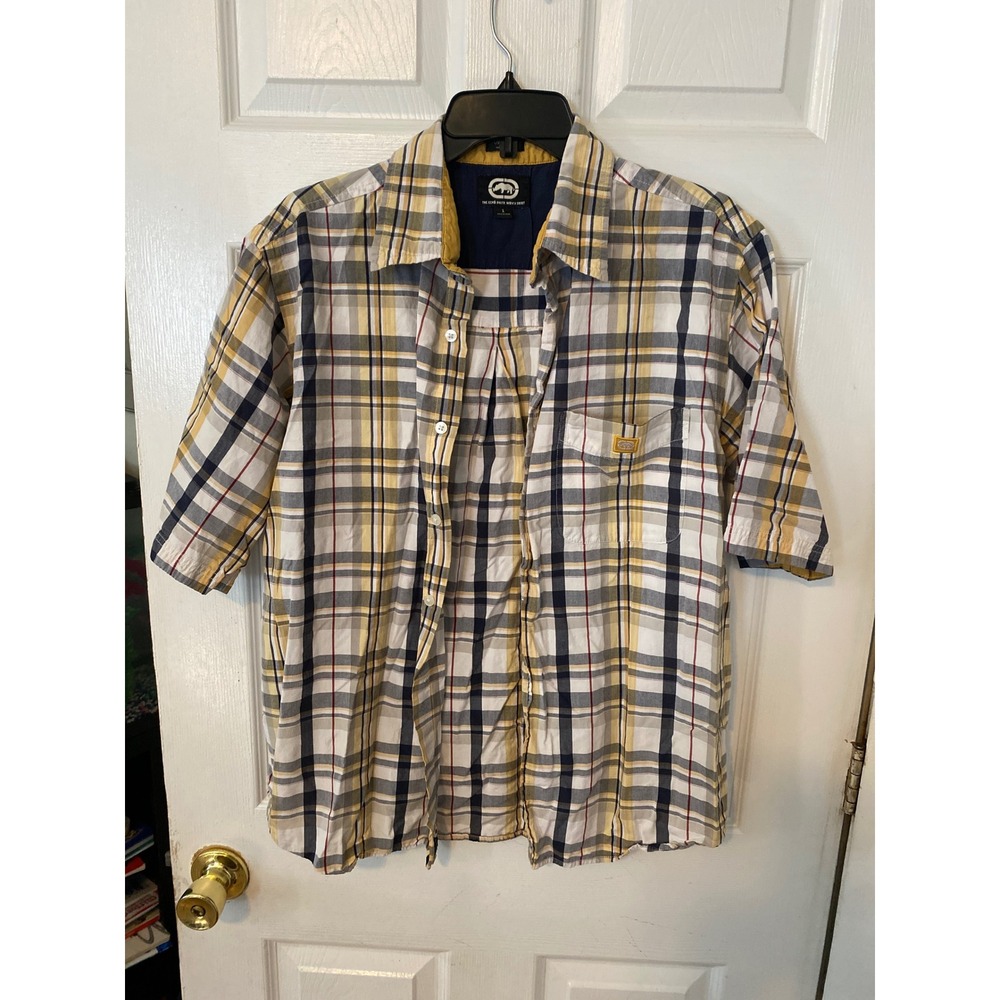 Ecko Unltd Mens Large Plaid Button Down Shirt Short Sleeve Yellow Navy White
